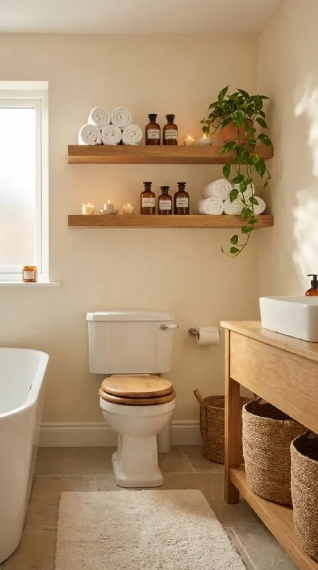 1. Floating Wooden Shelves Above Toilet