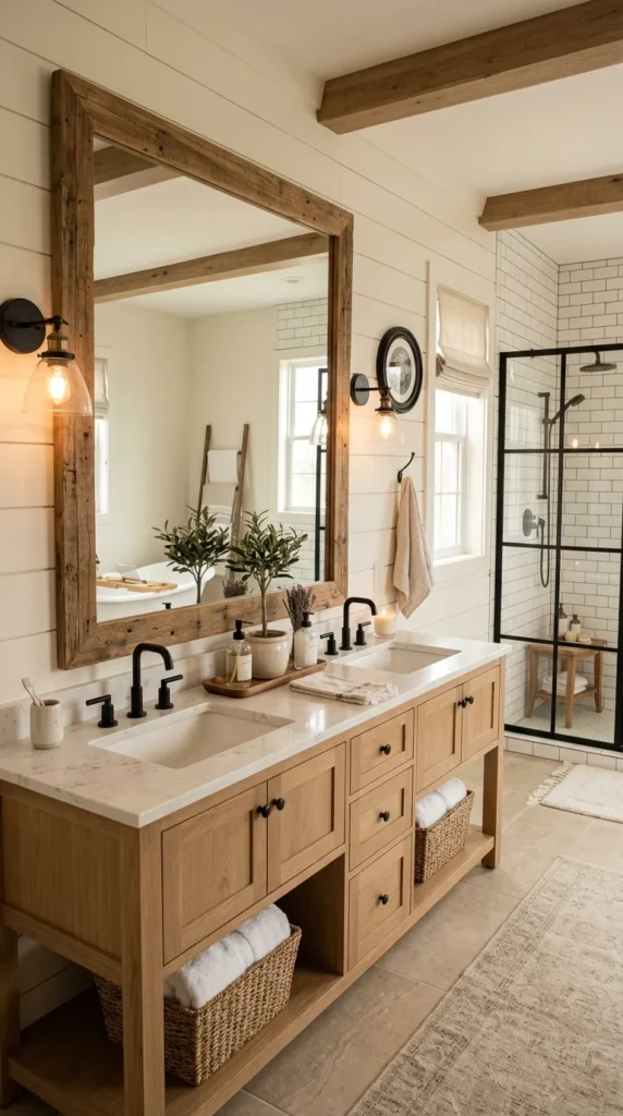 3. Oversized Framed Mirror With Rustic Wood