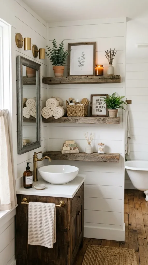 4. Floating Wooden Shelves With Framed Art