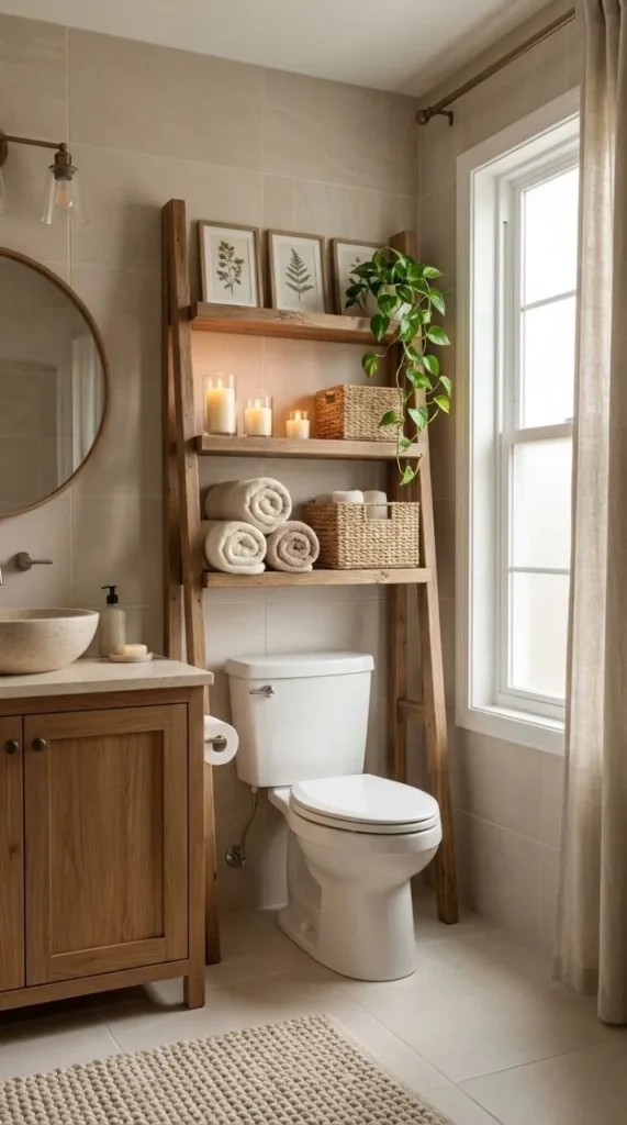 Decorative Ladder Shelf Above Toilet