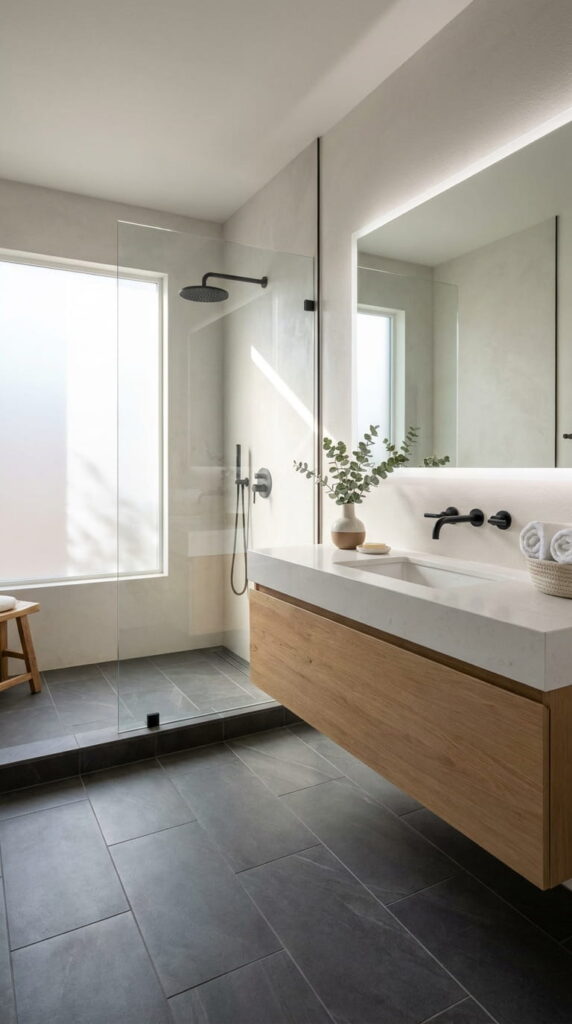 13. Modern Gray Tile Bathroom