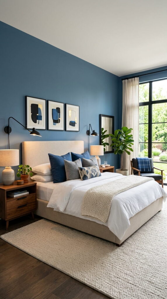 14. Blue Bedroom with Black Accents