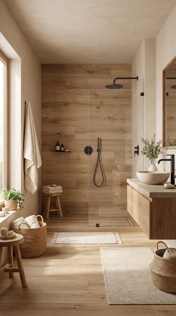 14. Wood-Look Porcelain Shower Floor
