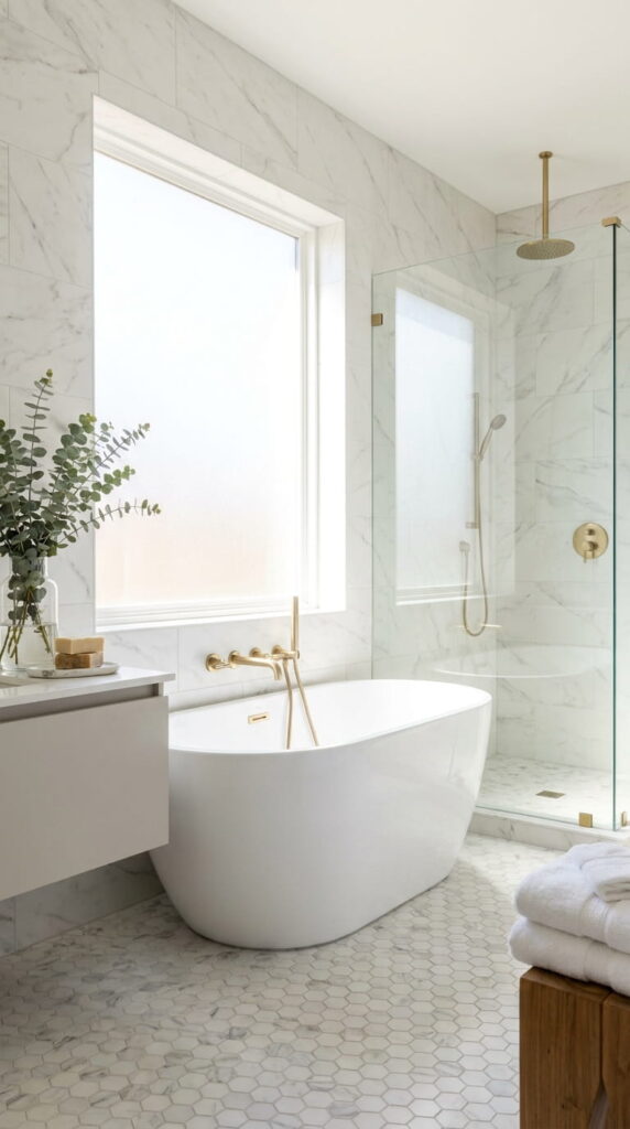 15. Marble-Look Porcelain Shower Floor