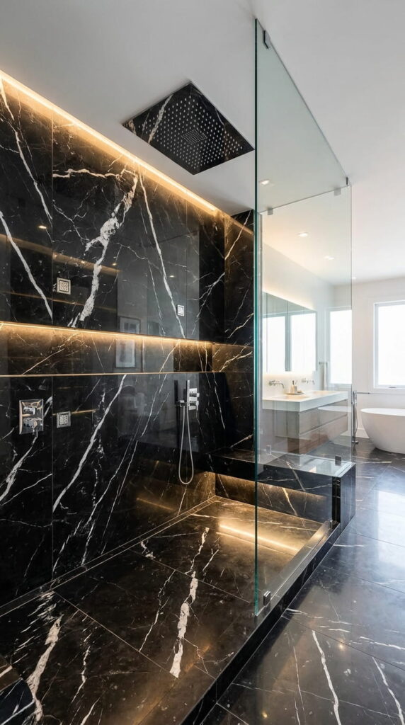 2. Install a Black Marble Walk-In Shower