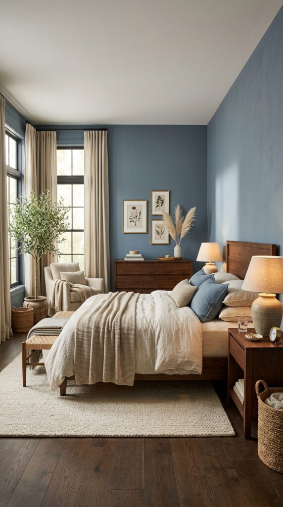 4. Dusty Blue with Warm Wood