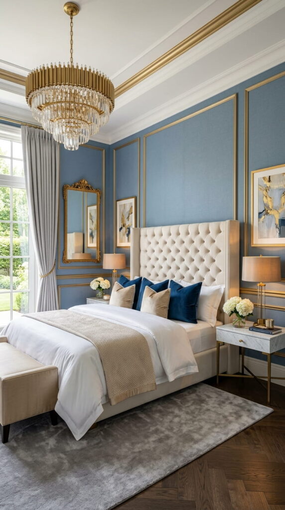 5. Elegant Blue and Gold Bedroom