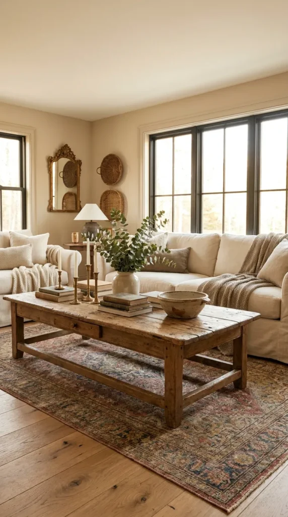 1. Start with a Distressed Wooden Coffee Table