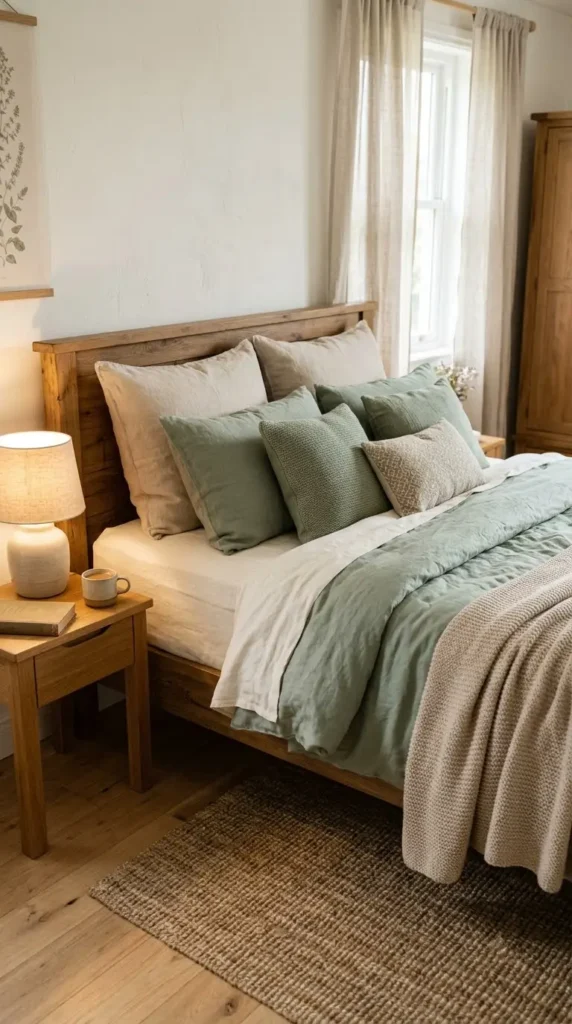 10. Sage Green and Beige Bedding Layers