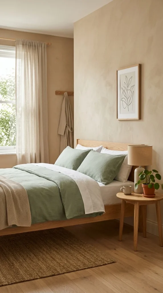 11. Beige and Sage Green Minimalist Bedroom