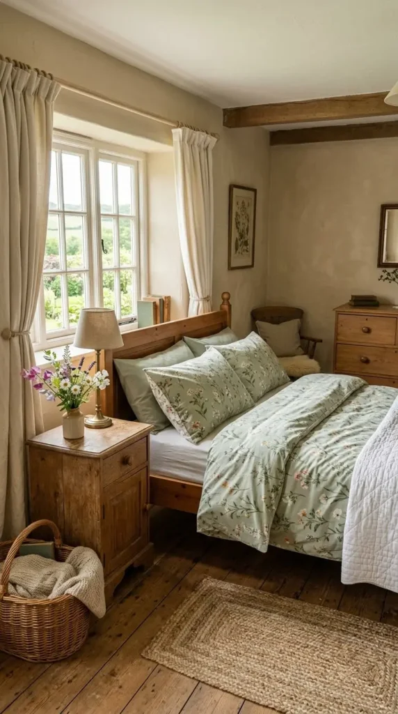 14. Beige and Sage Green Cottage Bedroom