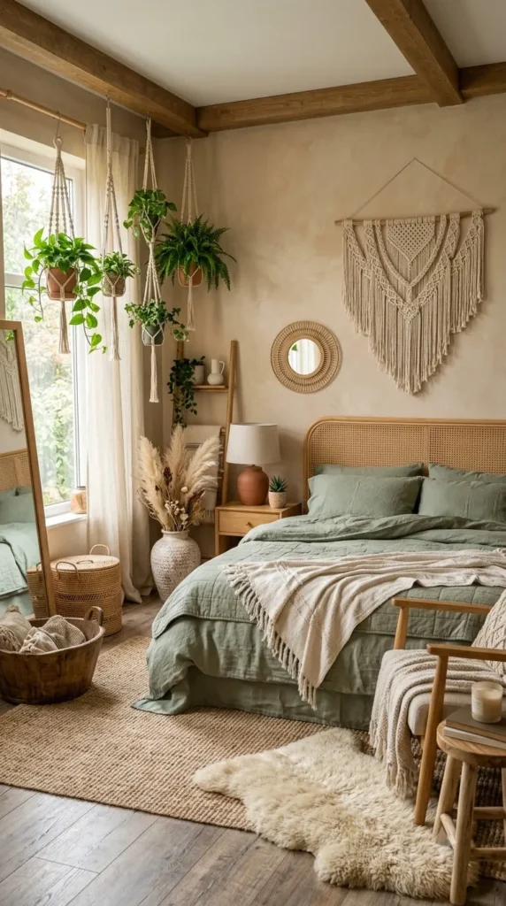 3. Beige and Sage Green Boho Bedroom