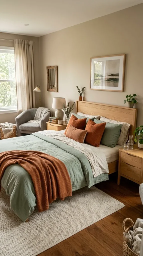 3. Mix Sage Green Bedding With Burnt Orange Pillows