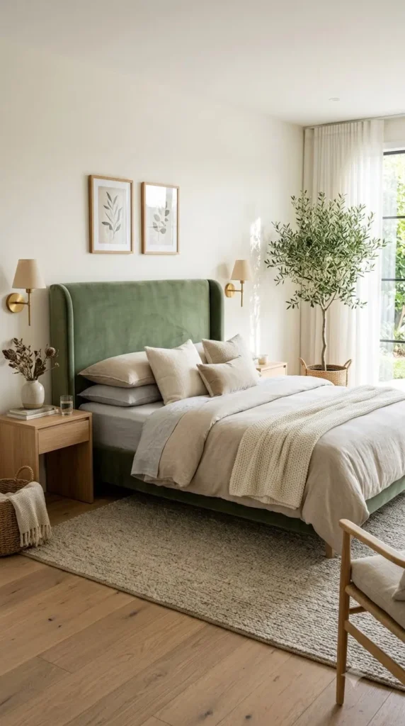4. Sage Green Headboard With Beige Bedding