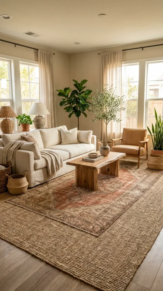 5. Layered Earth-Toned Rugs