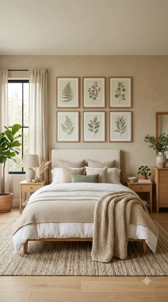 6. Beige Bedroom With Sage Green Wall Art
