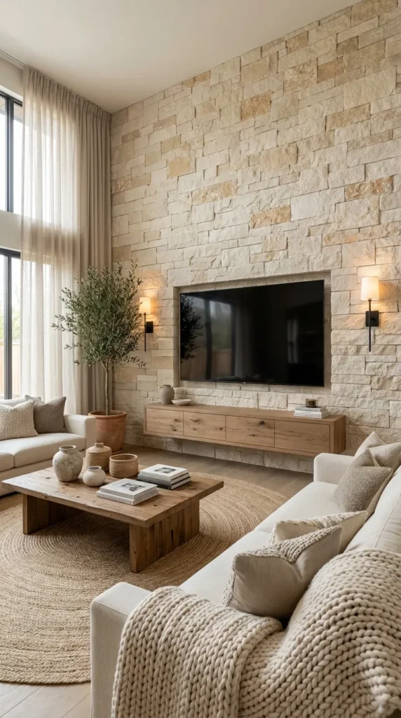 6. Cozy Stone Accent TV Wall
