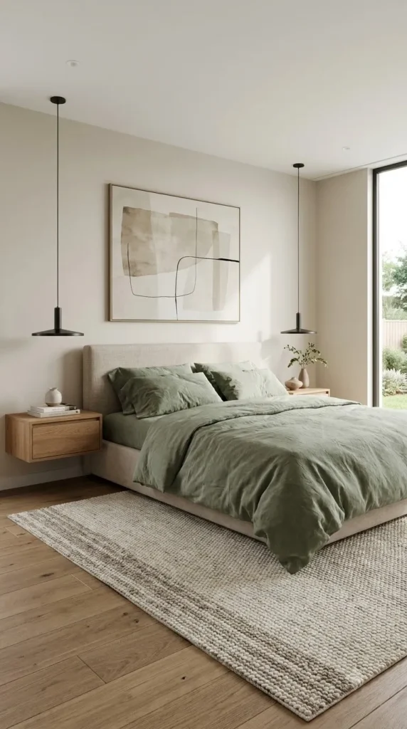 8. Modern Beige and Sage Green Bedroom
