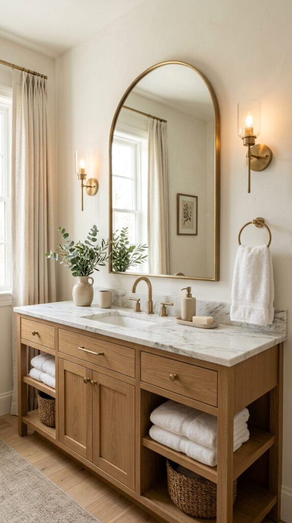9. Arched Mirror with Warm Brass Details
