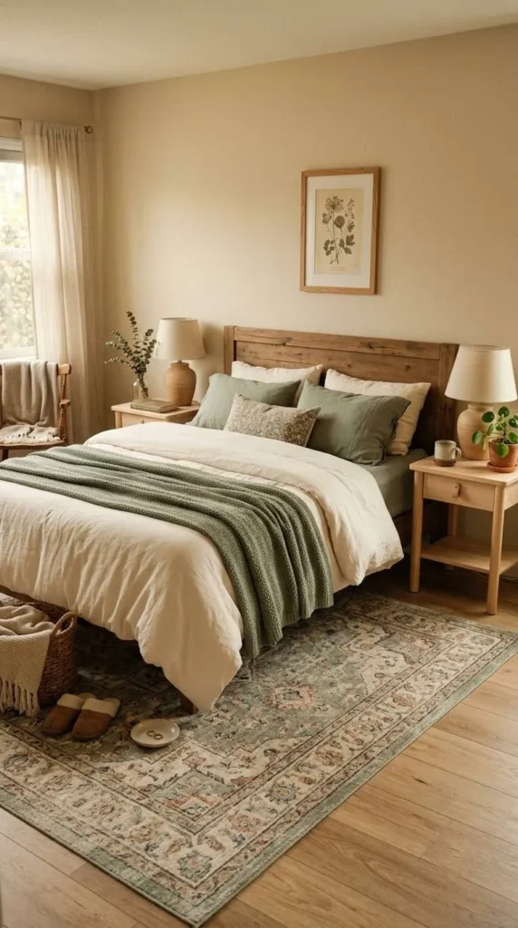 15. Add a Beige and Sage Green Area Rug