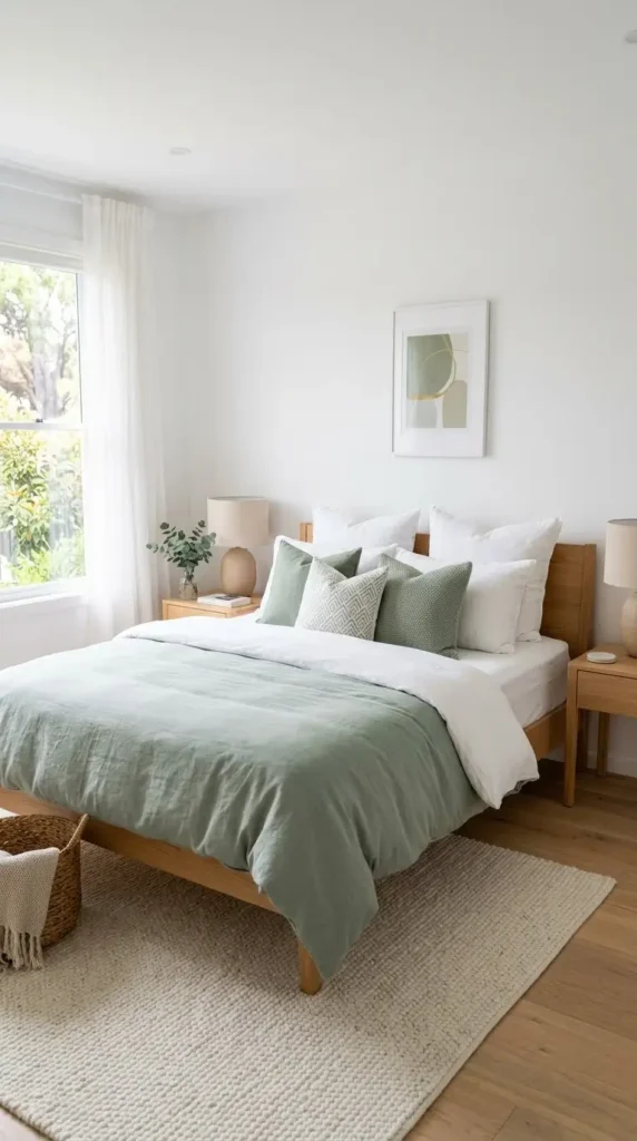 2. Keep the Walls White and Add Sage Green Bedding