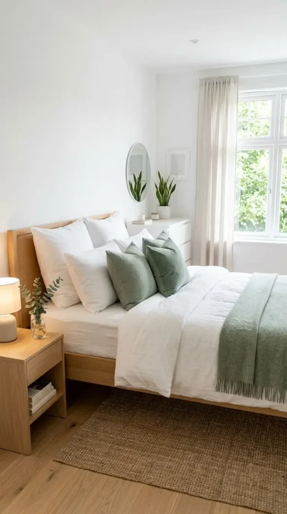 4. Try an All-White Bed With Sage Green Pillows
