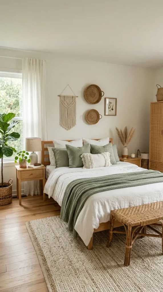 9. Create a Cozy Sage Green and White Boho Bedroom